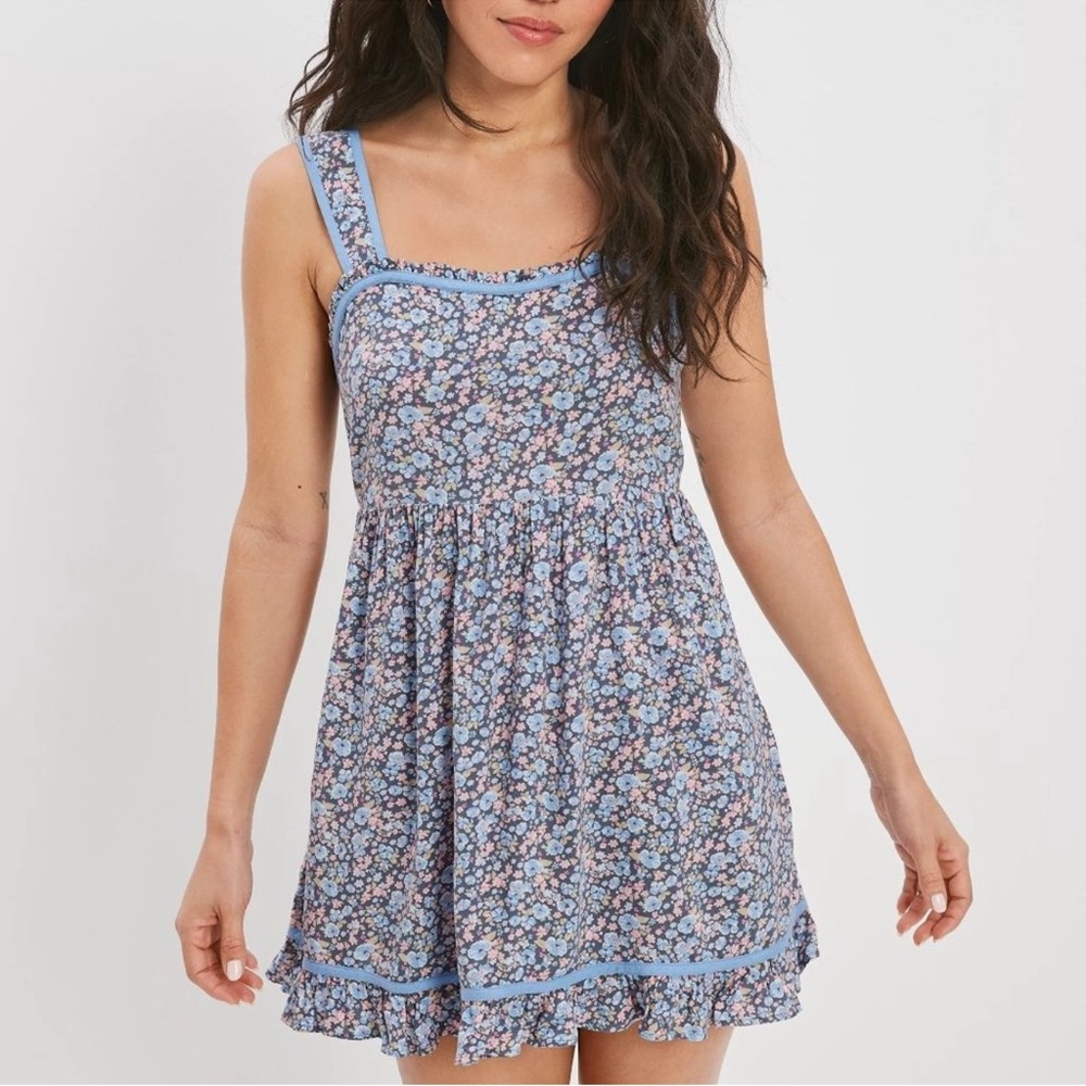 American Eagle Ditsy Floral Tie Back Babydoll Mini Dress Blue Pink Medium NWT